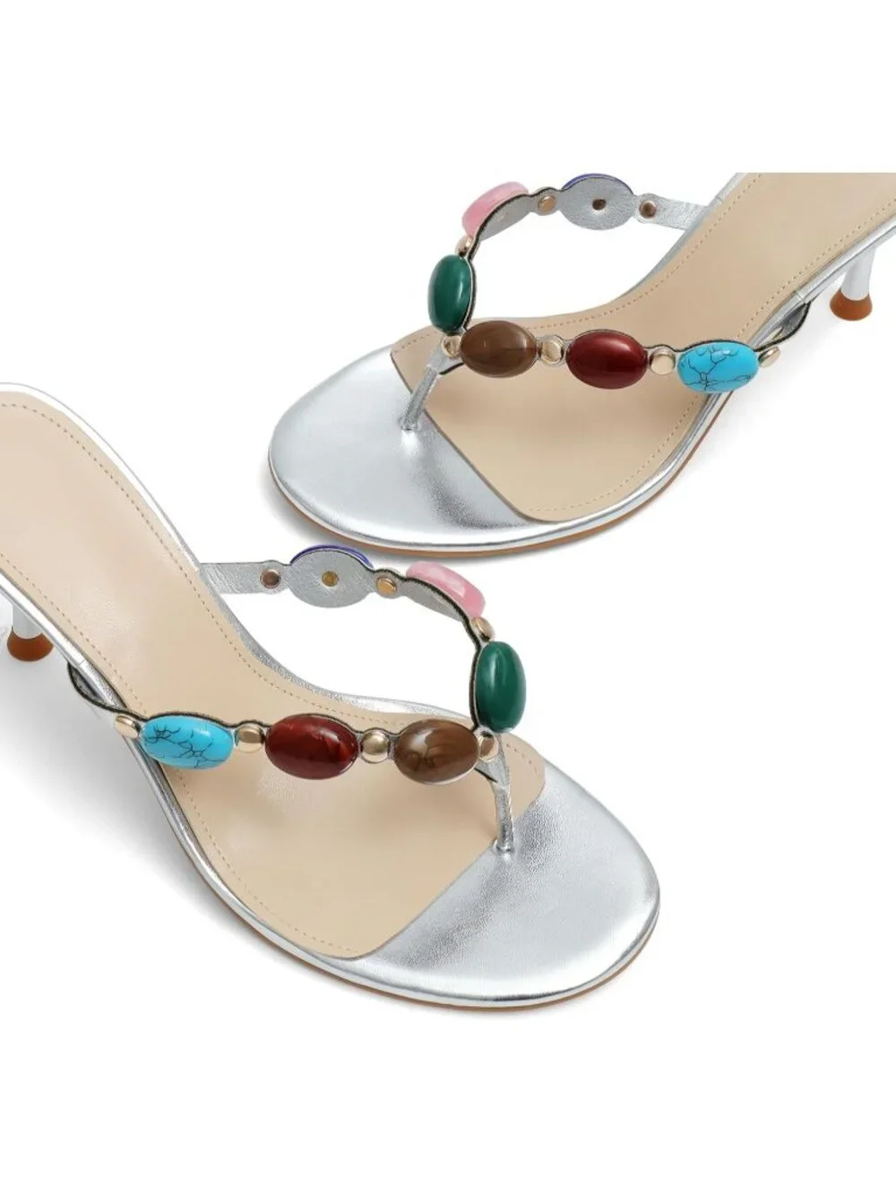 Women's Silver Open Toe Beaded Strappy High Heels Sandals Slip On Thong Heels